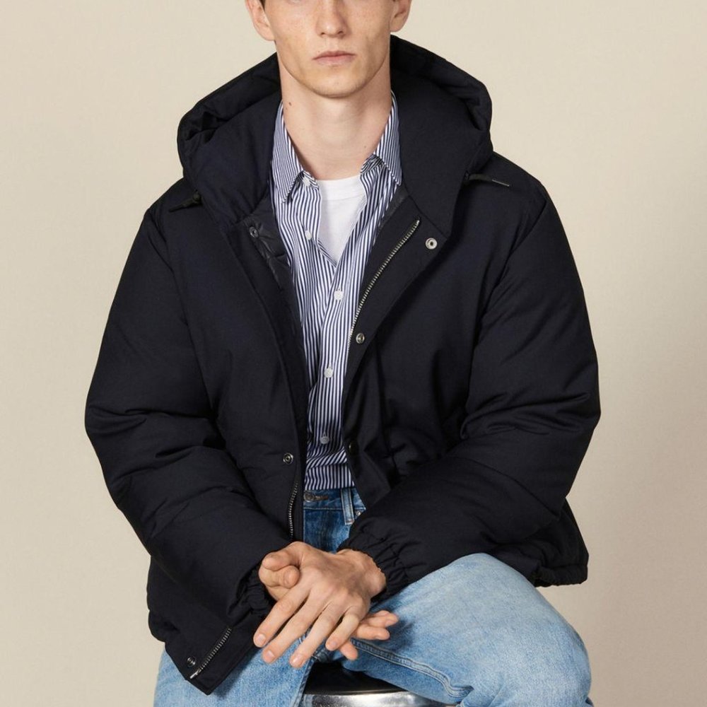Sandro Men Synthetic Hooded Down Puffer Jacket in Navy Blue